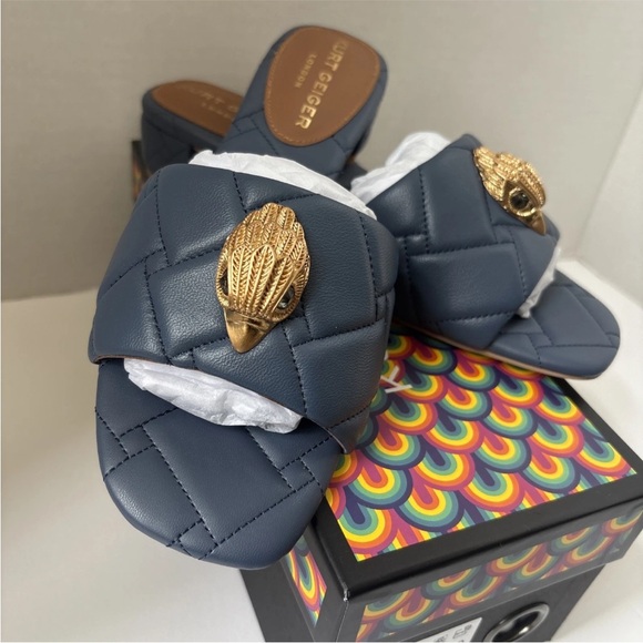 Kurt Gieger Kensington Quilted Leather Logo Ornament Block Heel Slide Blue 8.5 - Picture 2 of 11
